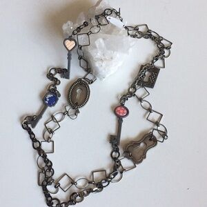 $49 SALE Handmade Layered Lock Key Gunmetal Chain Statement Necklace Mixed Metal